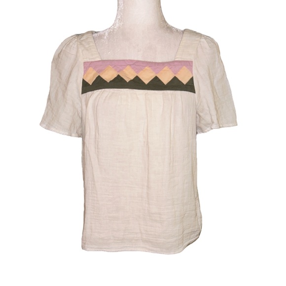 Madewell Patchwork Diamond Print Crinkle Gauze Peasant Top - M - Picture 4 of 16